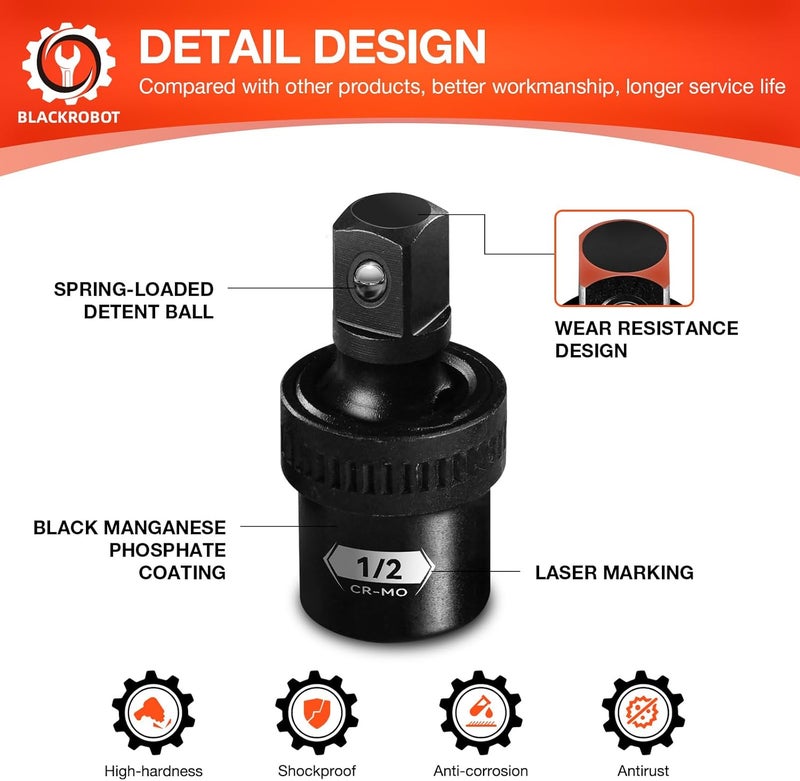 BLACKROBOT 3PCS Impact Swivel Socket Set, 1/2" 1/4" 3/8" Drive Universal Joint Socket, Premium Cr-Mo Steel Impact Grade Wobble Socket Set - Image 3